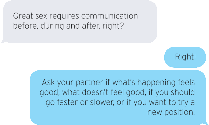Great sex requires communication before, during and after, right? Right! Ask your partner if what's happening feels good, what doesn't feel good, if you should go faster or slower, or if you want to try a new position.